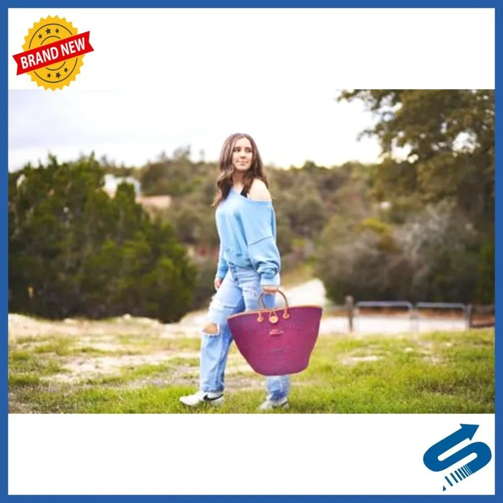 Handwoven Sisal Tote Bag Leather Handles Button Closure Boho Summer Beach Purse